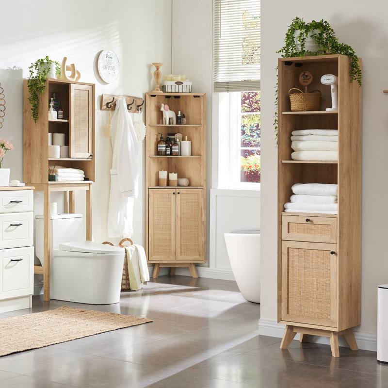 George Oliver Kylann Rattan Freestanding Bathroom Cabinet with Drawer ...